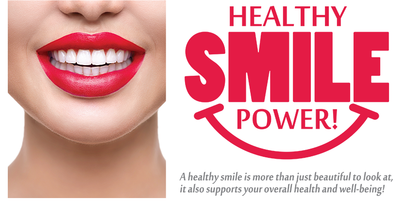 The image features a close-up of a person s face with red lipstick, against a white background. There is text overlaying the image that reads  HEALTHY SMILE POWER.