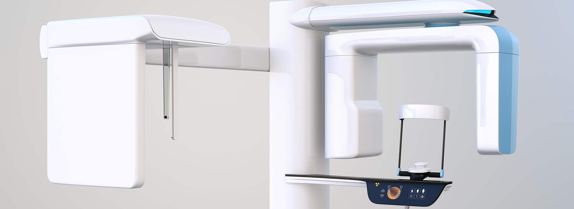 The image shows a modern dental office setup with a dental chair and an X-ray machine, set against a plain background.